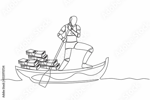 Single one line drawing robot sailing away on boat with pile of banknote. Digital financial crime or money laundering. Robotic artificial intelligence. Continuous line draw design vector illustration