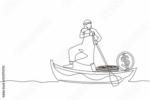 Single one line drawing Arabian businessman sailing away on boat with pile of dollar coins. Criminal stole golden coin from bank. Corruption, robber. Continuous line design graphic vector illustration