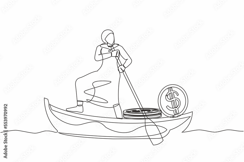 Fototapeta premium Single continuous line drawing Arab businesswoman standing in boat and sailing with stack of golden coin dollar. Successful investor entrepreneur. Gold investment. One line design vector illustration