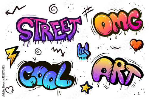Graffiti vector graffito of brushstroke lettering or graphic grunge typography. Urban savage spray paint art. Cool teenage graffiti cartoon design vector set.