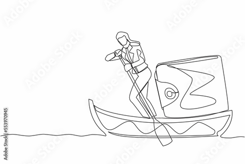 Continuous one line drawing businesswoman sailing away on boat with purse. Financial planning strategy for personal use. Money management concept. Single line draw design vector graphic illustration