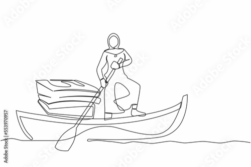 Continuous one line drawing Arabian businesswoman standing in boat and sailing with pile of papers. Manager escape from stack of document  paperwork  overworked. Single line design vector illustration