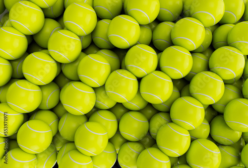 3d illustration rendering minimal Tennis Balls pile background. © alom3d