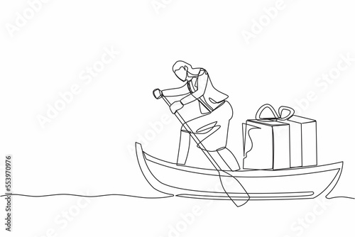 Single continuous line drawing businesswoman sailing away on boat with gift box. Year-end prizes for outstanding employees. Appreciation from company. One line draw graphic design vector illustration