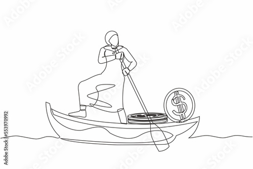 Single continuous line drawing Arab businesswoman standing in boat and sailing with stack of golden coin dollar. Successful investor entrepreneur. Gold investment. One line design vector illustration