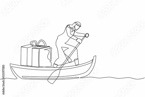 Single one line drawing Arabian businessman sailing away on boat with gift box. Year-end prizes for outstanding employees. Appreciation from company. Continuous line design graphic vector illustration