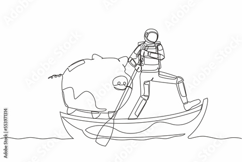 Single continuous line drawing astronaut sailing away on boat with piggy bank. Save money on the shuttle company due to crisis. Cosmonaut deep space concept. One line draw design vector illustration