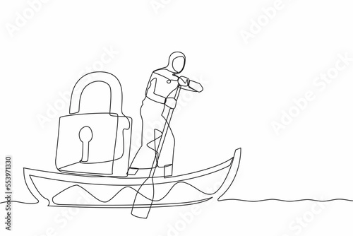 Single one line drawing Arab businesswoman standing in boat and sailing with padlock. Shipping protection at ocean from pirate. Security in business at sea. Continuous line design vector illustration