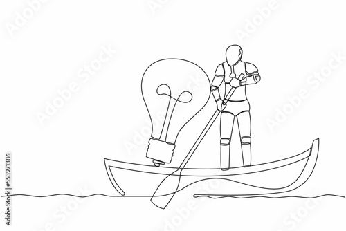 Continuous one line drawing robot sailing away on boat with light bulb. Vision and innovation in tech company. Humanoid robot cybernetic organism. Single line draw design vector graphic illustration