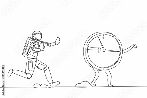 Single one line drawing young astronaut chase clock time in moon surface. Time management in space exploration. Cosmonaut deep space concept. Modern continuous line design graphic vector illustration