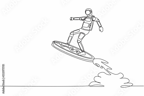 Continuous one line drawing young astronaut riding dollar coin rocket flying in moon surface. Space exploration business advantages. Cosmonaut outer space. Single line draw design vector illustration