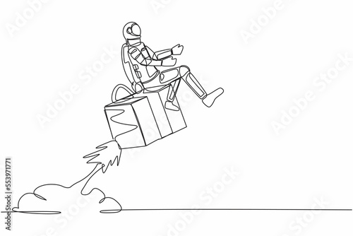 Single continuous line drawing of young astronaut riding gift box rocket flying in moon surface. Fast delivery between galaxy. Cosmonaut deep space. Dynamic one line graphic design vector illustration