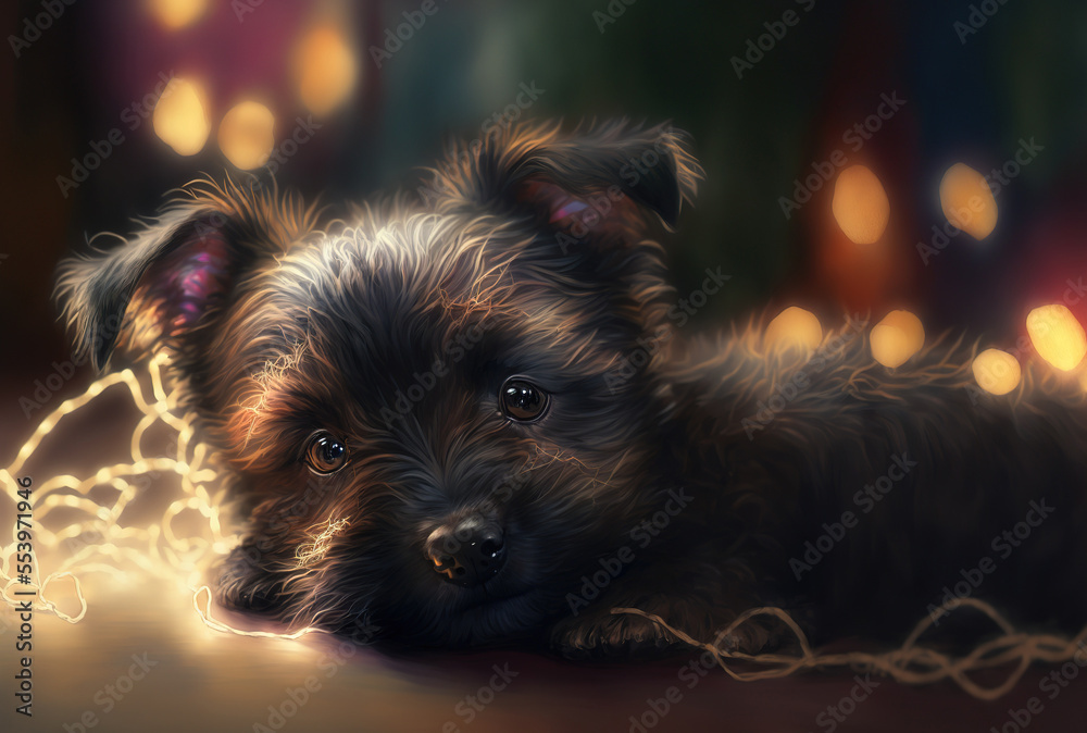 Against a backdrop of holiday lights, a terrier puppy is lying with its