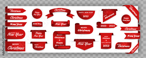 Ribbons and round sticker. Paper scrolls. Merry Christmas, realistic, paper banners. Vector illustration.