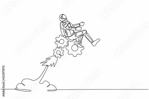 Single continuous line drawing of young astronaut riding gear rocket flying in moon surface. Problem solving mechanisms in space company. Cosmonaut deep space. One line draw design vector illustration