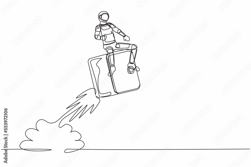 Single continuous line drawing young astronaut riding safe deposit box rocket flying in moon surface. Money protection at space company. Cosmonaut deep space. One line draw design vector illustration