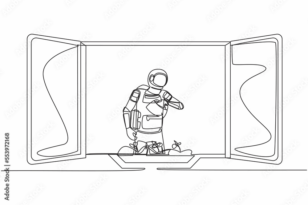Single continuous line drawing young astronaut watering flowers on the balcony in moon surface. Home green garden, house plants growing. Cosmonaut deep space. One line draw design vector illustration Single continuous line drawing young astronaut watering flowers on the balcony in moon surface. Home green garden, house plants growing. Cosmonaut deep space. One line draw design vector illustration