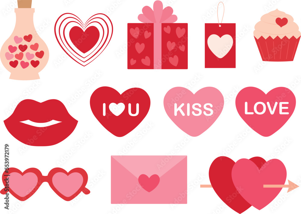 Valentine's day collection heart shaped gifts and accessories vector illustration