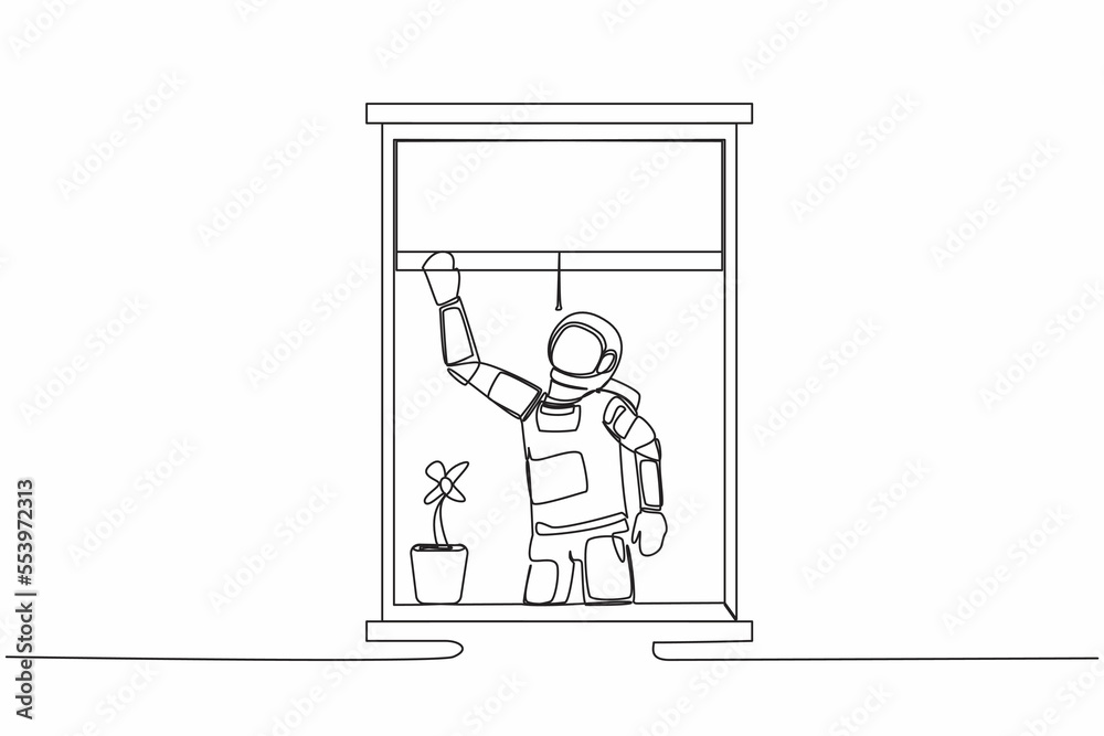 Single one line drawing young astronaut waving at window as look like to greet or invite friends to come in. Cosmic galaxy space concept. Modern continuous line draw design graphic vector illustration Single one line drawing young astronaut waving at window as look like to greet or invite friends to come in. Cosmic galaxy space concept. Modern continuous line draw design graphic vector illustration