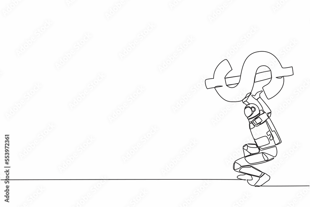 Single continuous line drawing astronaut carrying heavy dollar symbol on his back. Overworked and debt pressure in space company. Cosmonaut deep space. One line draw design vector graphic illustration Single continuous line drawing astronaut carrying heavy dollar symbol on his back. Overworked and debt pressure in space company. Cosmonaut deep space. One line draw design vector graphic illustration