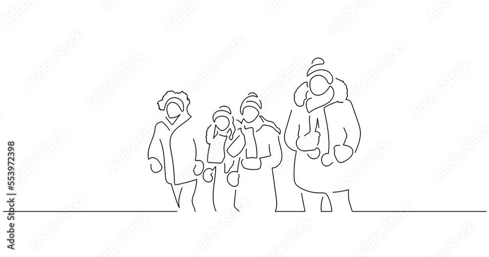 Group of people enjoying snow in line art animation. Composition of a winter scene. Black linear video on white background. Animated gif illustration design. Group of people enjoying snow in line art animation. Composition of a winter scene. Black linear video on white background. Animated gif illustration design.