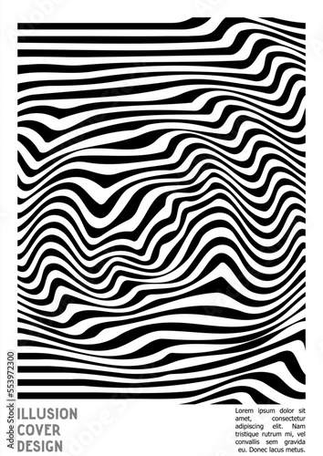 Geometrical Poster Design with Optical Illusion Effect.  Minimal Psychedelic Cover Page Collection. Monochrome Wave Lines Background. Fluid Stripes Art. Swiss Design. Vector Illustration for Placard.