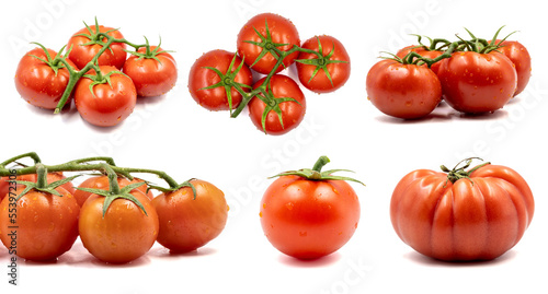 Set of tomato varieties images. Tomato isolated on white background. Clipping Path. Full depth of field. close up