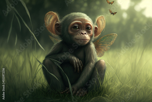 charming image of a monkey on the grass while holding a butterfly. Generative AI
