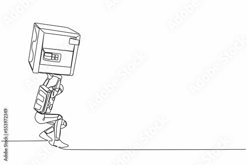 Single one line drawing young astronaut carrying heavy safe deposit box on his back. Impact in pandemic crisis at space industry. Cosmic galaxy space. Continuous line draw design vector illustration