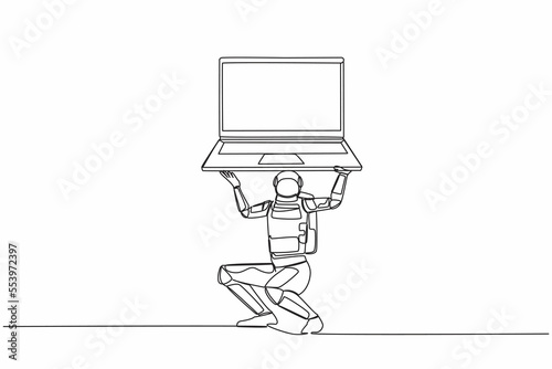 Single continuous line drawing astronaut carrying heavy laptop computer on his back. Fatigue or burnout work at space industry. Cosmonaut deep space. One line draw design vector graphic illustration