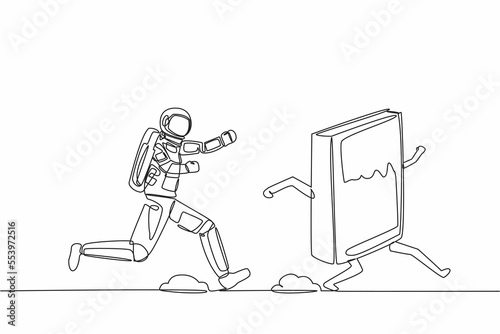 Single one line drawing of young astronaut run chasing textbook for learning in moon surface. Science to explore space. Cosmic galaxy space concept. Continuous line graphic design vector illustration