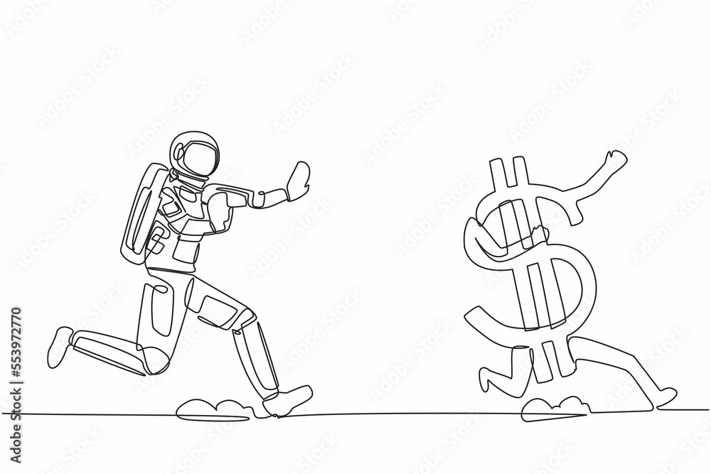 Single continuous line drawing young astronaut run chasing dollar symbol in moon surface. Investment in space technology development. Cosmonaut deep space. One line design vector graphic illustration