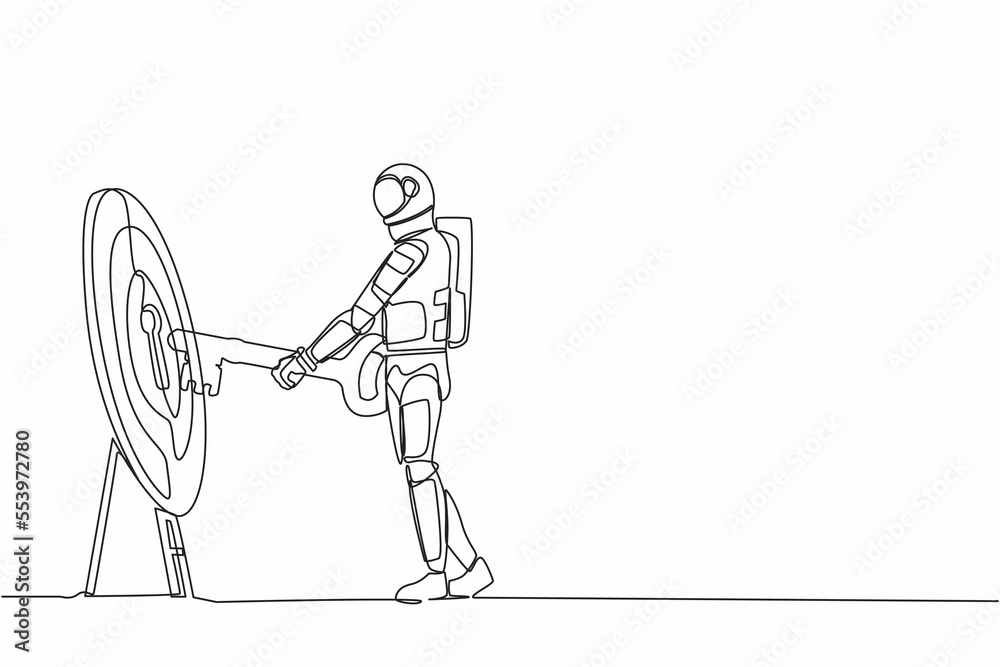 Single continuous line drawing young astronaut putting big key into bullseye target. Unlock spaceship expedition opportunity. Cosmonaut deep space concept. One line design vector graphic illustration