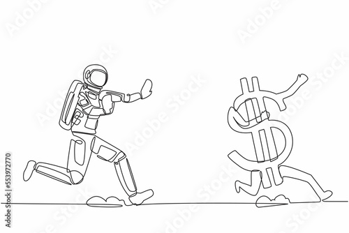 Single continuous line drawing young astronaut run chasing dollar symbol in moon surface. Investment in space technology development. Cosmonaut deep space. One line design vector graphic illustration