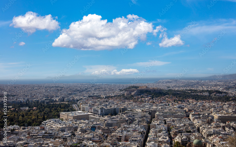 Greece. Athens city Mediterranean sea blue sky background. Above view from Lycabettus hill.