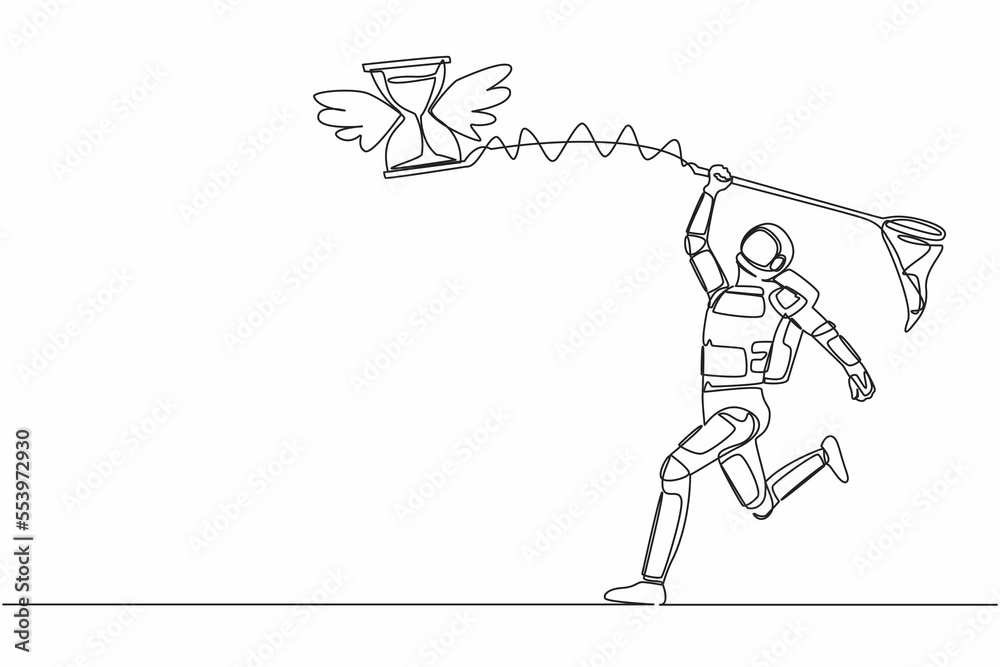 Single continuous line drawing astronaut try to catching flying hourglass with butterfly net. Stress and deadlines work in space company. Cosmonaut deep space. One line draw design vector illustration Single continuous line drawing astronaut try to catching flying hourglass with butterfly net. Stress and deadlines work in space company. Cosmonaut deep space. One line draw design vector illustration