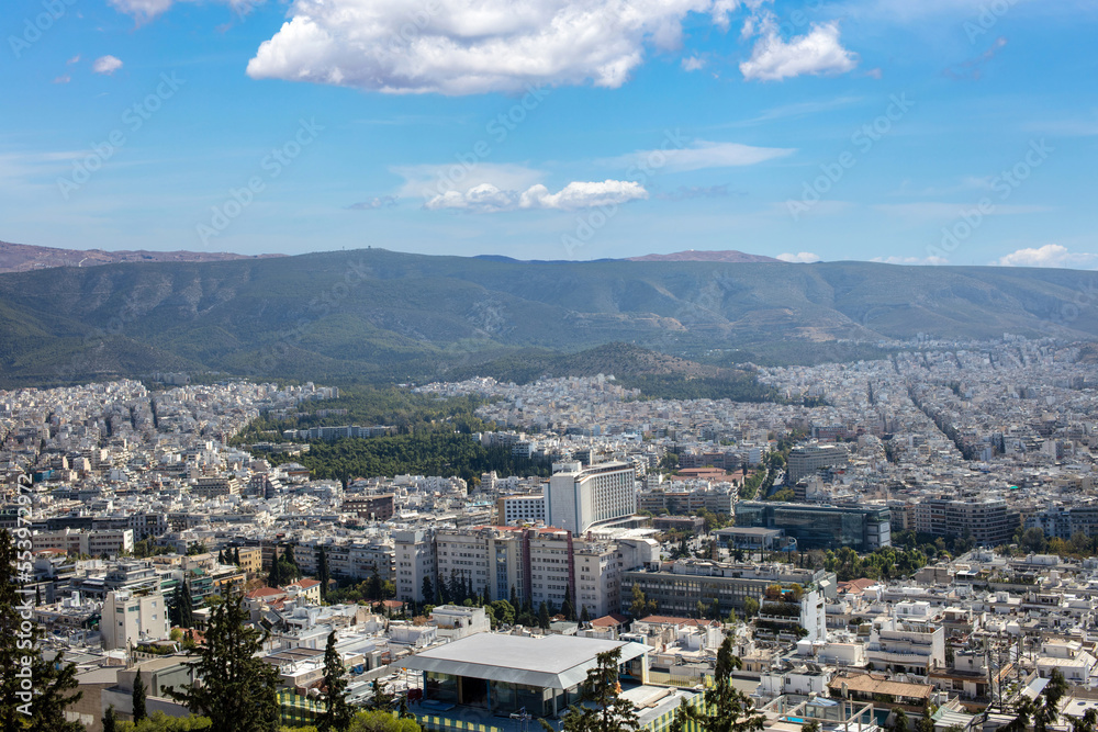 Greece. Panoramic view of Athens city, blue sky background. Above view from Lycabettus hill.