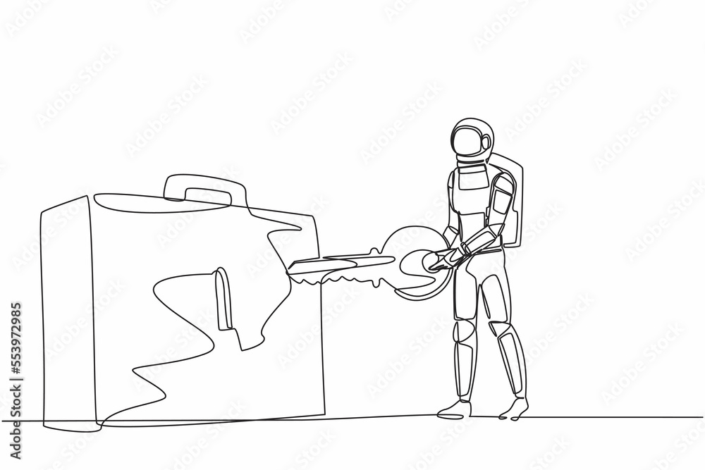 Single one line drawing of young astronaut putting key into briefcase. Safety bag for secret space expedition document. Cosmic galaxy space concept. Continuous line graphic design vector illustration Single one line drawing of young astronaut putting key into briefcase. Safety bag for secret space expedition document. Cosmic galaxy space concept. Continuous line graphic design vector illustration