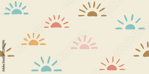 Colored hand drawn suns. Childish pattern for wallpaper or notebooks. Seamless print for surfaces, packaging, pillows, textiles. Vector.
