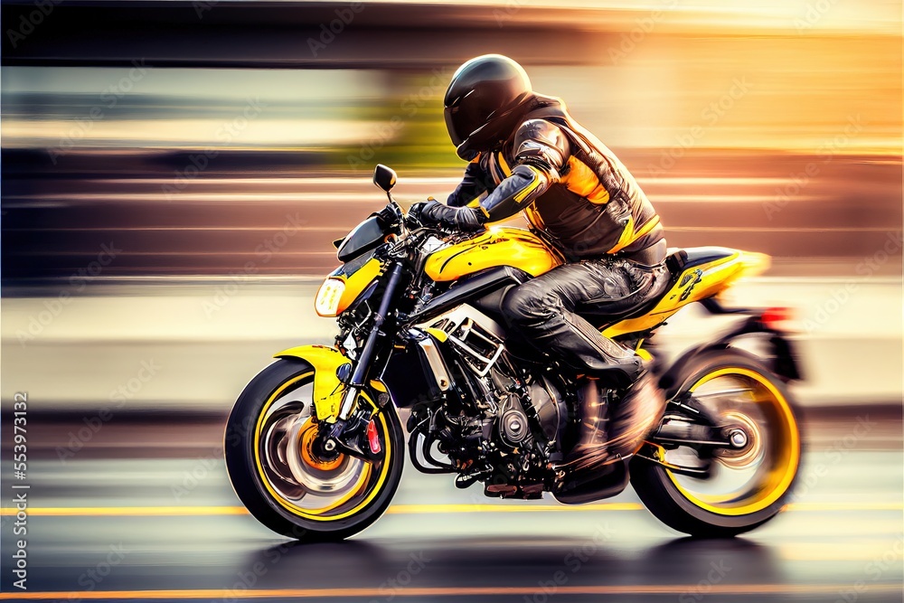 Biker on yellow sports bike rides on high speed. Blurred motion. Photorealistic illustration. Generative art