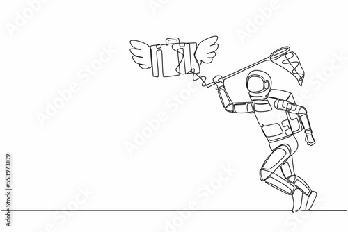Single one line drawing young astronaut try to catch flying briefcase with butterfly net. High work performance spaceship company. Cosmic galaxy space. Continuous line draw design vector illustration