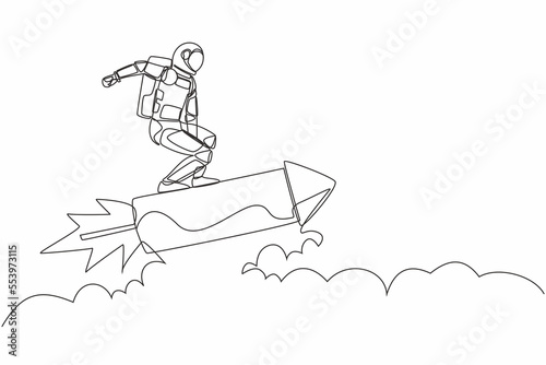 Single continuous line drawing young astronaut standing astride rocket and flying through the air. Future space industry. Cosmonaut deep space concept. One line draw design vector graphic illustration
