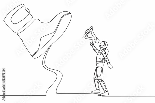 Single one line drawing of young astronaut speaking with megaphone under giant shoe. Boot of army machine stepping on spaceman. Cosmic galaxy space. Continuous line graphic design vector illustration