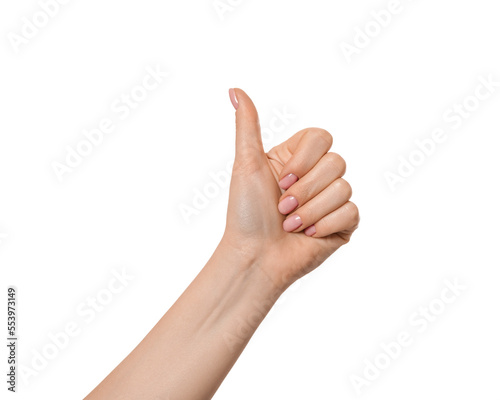 Female hand like, thumbs up, isolate