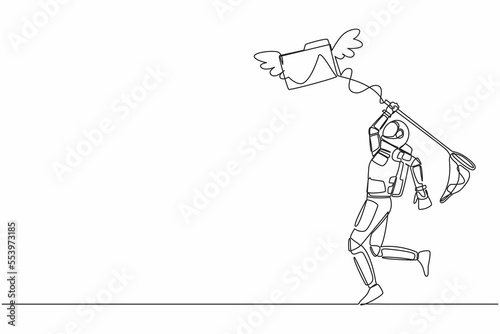 Continuous one line drawing astronaut try to catch flying folder icon with butterfly net. Analysis spaceship document, file archive. Cosmonaut outer space. Single line draw design vector illustration © Simple Line