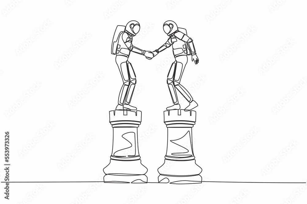 Single one line drawing of young astronaut leader shaking hand on rook chess. Collaboration strategy in spaceship industry. Cosmic galaxy space. Continuous line draw graphic design vector illustration