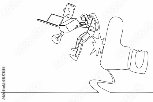Continuous one line drawing of young astronaut kicked out of work with office supplies in moon surface. Scientist staff reduction. Cosmonaut outer space. Single line graphic design vector illustration