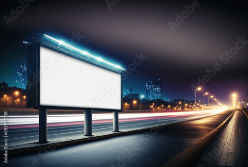 A city at night, a blank white billboard with light trails. Generative AI