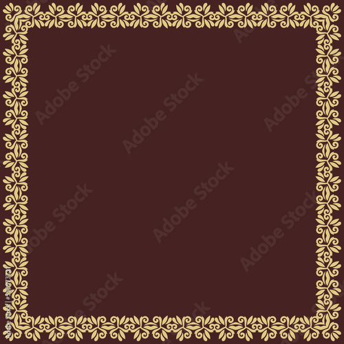 Classic vector vintage brown and golden square frame with arabesques and orient elements. Abstract ornament with place for text. Vintage pattern