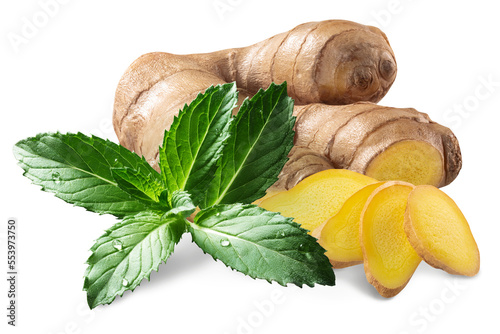 Ginger root with fresh mint leaves, isolated png photo